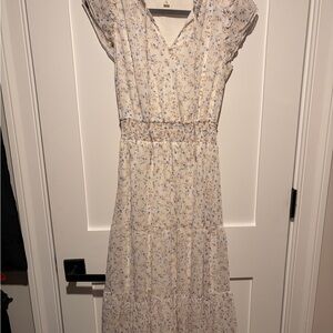 Tamara H Floral Midi Dress Size Small Cream Blue Smocked Waist Boho Dress